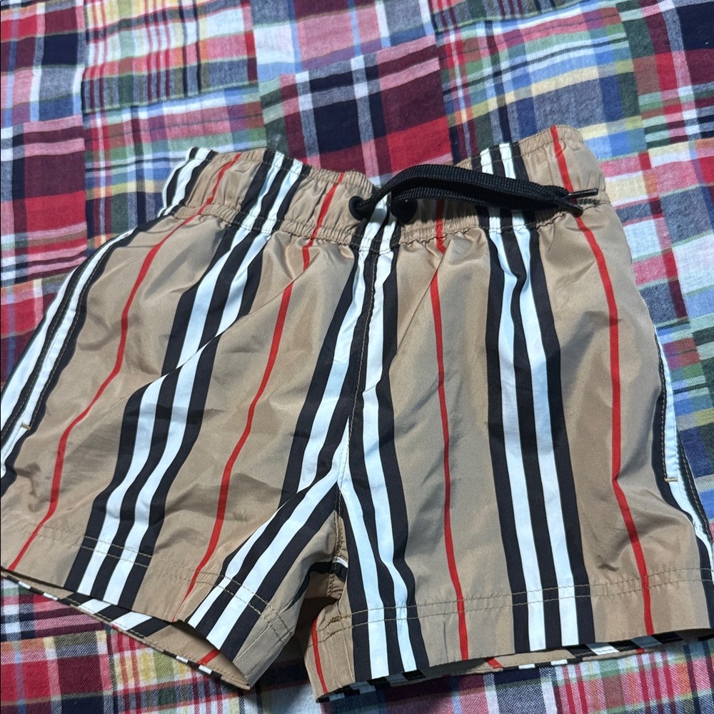 Burberry Swim Trucks 3T Striped Tan Swim Shorts with Black & Red Accents